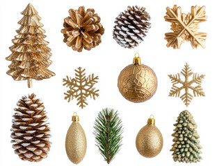 Flat lay of Christmas ornaments, pine cones, and festive decorations arranged on a white background. PNG transparent.
