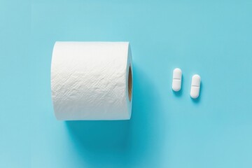Fototapeta premium Roll of toilet paper and white pills on blue background in simple and minimalistic setup