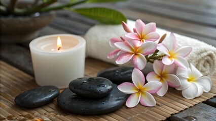 tiare flowers, candle and black stone spa
