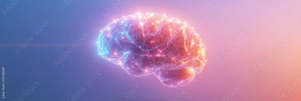Fototapete An illuminated brain made of small, glowing points and lines showcases a complex network, providing ideal space for additional text highlights. Generative AI