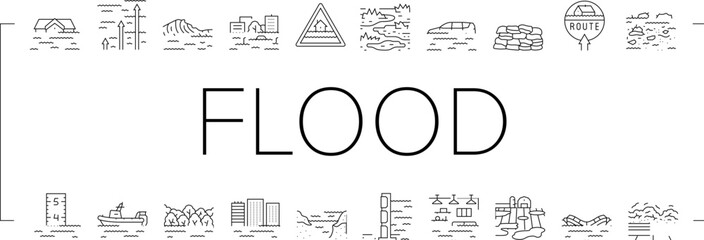 Obraz premium flood water disaster rain icons set vector. river storm, surge inundation, overflow deluge, emergency evacuation, rescue, damage flood water disaster rain black contour illustrations