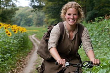 Caucasian young female enjoys cycling through countryside with sunflowers