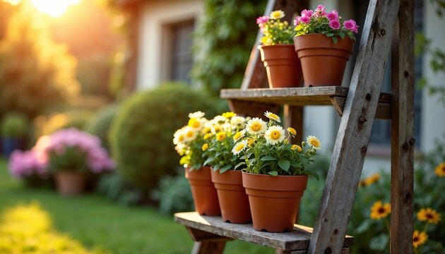 Old garden ladder repurposed as a plant stand filled with terracotta pots of blooming flowers