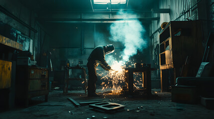 A welder working on a metal frame sparks flying in a dimly lit industrial workshop.
