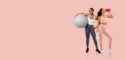 Two women are engaged in an active workout session in a fitness studio. One holds a large exercise ball, while the other drinks from a sports bottle, showcasing a healthy lifestyle.
