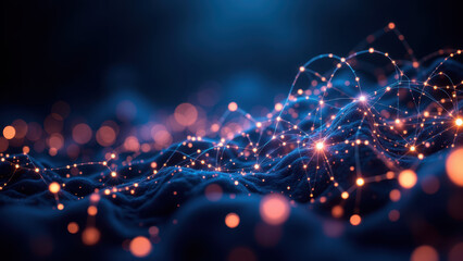 Obraz premium A digital representation of a neural network with glowing blue nodes and connections, symbolizing RAG (Retrieval Augmented Generation) technology.