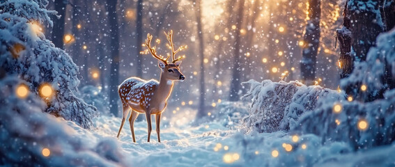 Christmas banner with magical scene of a reindeer in center in snowy forest with Christmas trees with lights and stars with copy space