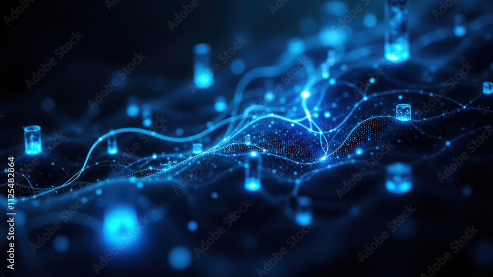 Poster a digital abstract art piece depicting a network of interconnected nodes with blue and white tones, 