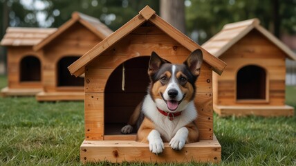 Happy dog relaxing in wooden doghouse outdoors.