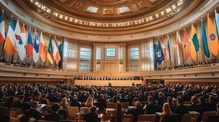International conference in a grand hall with delegates and flags. (1)