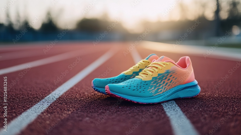 Poster brightly colored running shoes sit on a track, inviting runners for an evening workout as the sun se