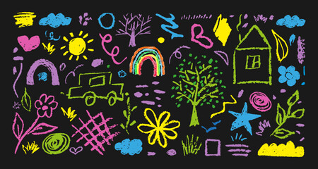 Fototapeta premium Doodle Kids Flowers, Cloud, Squiggles, Heart, Tree, Sun, Rainbow Hand Drawn With Charcoal Pencil Different Colors. Children's Drawings With Chalk, Strokes, House, Plants, Grass on Black Background