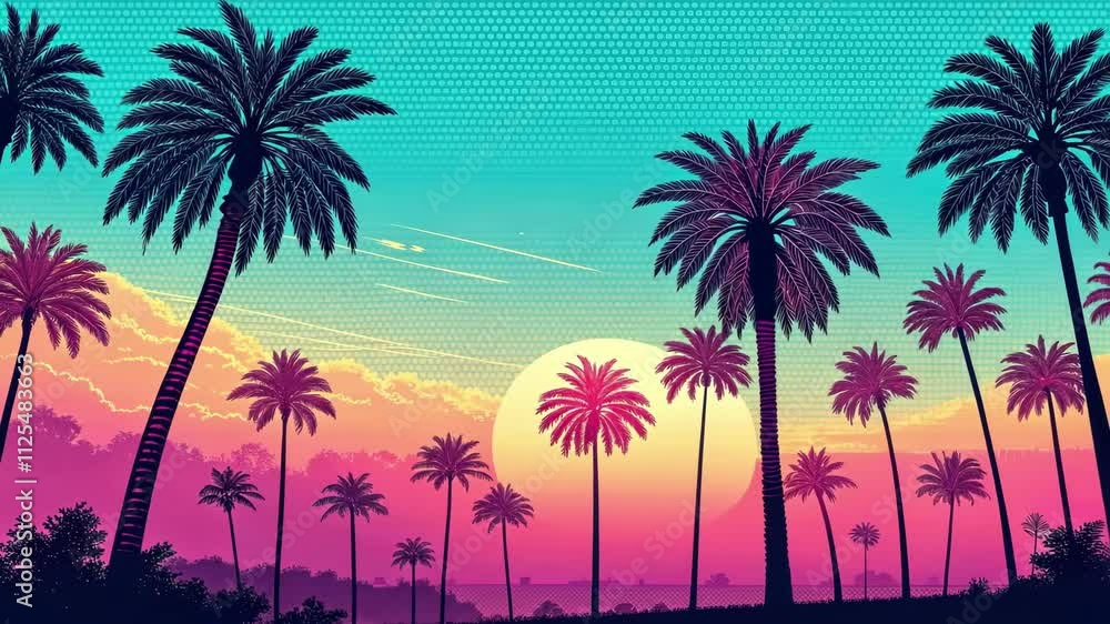 Poster retro vibes tall pixelated palm trees glowing in electric cyan and magenta sway gently in a digital 