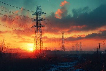 Tall steel transmission towers carrying thick electric cables silhouetted against a warm orange and blue sunset sky, blending industrial precision with natural beauty