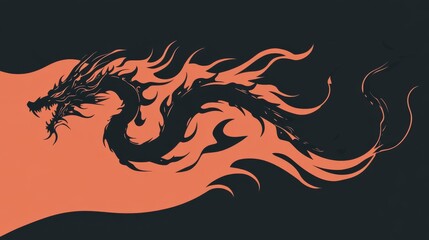 Obraz premium Black dragon flying and breathing fire on orange and dark background