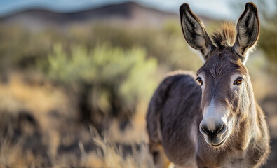 A wild burro in an American southwest landscape with room for text. 