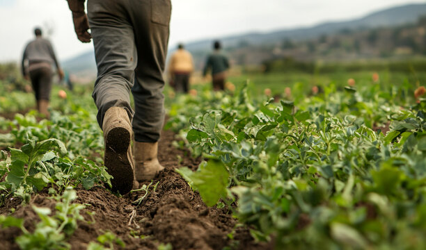Close up of farm workers walking through agricultural field. Room for text 