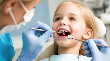 the dentist performs an examination procedure on a cute little girl. Little girl sitting in the dentist's office
