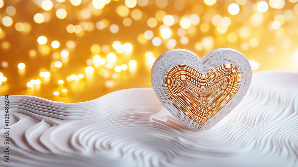 Poster a heart-shaped structure with layered textures surrounded by soft light evokes human emotions in a c