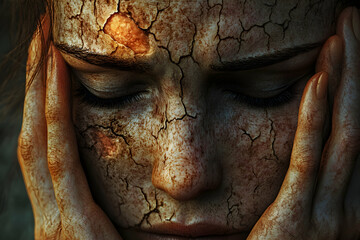 Stress and despair caused by skin conditions, portrayed with a somber tone