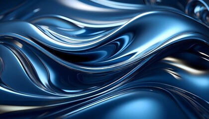 Obraz premium Glossy deep blue indigo color metal fluid glossy chrome mirror water effect background. Abstract blue metal flow swirl wallpaper