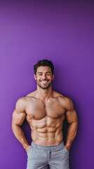 Fototapeta premium muscular shirtless man on purple background with copy space vertically 9:16