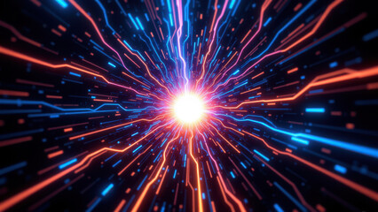 A dynamic visual effect resembling a cosmic event or portal, with bright, glowing streaks of red and blue light against a dark background.