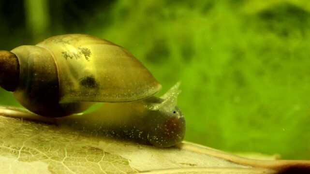 Snail (Lymnaeidae: Stagnicola elodes) underwater in a pond, feeding on and skeletonizing a dead leaf, macro close-up, side view 2.