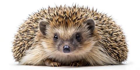 Obraz premium A small hedgehog is curled up, displaying its spiny back and cute facial features. The animal looks calm and content against a plain white background, highlighting its natural beauty