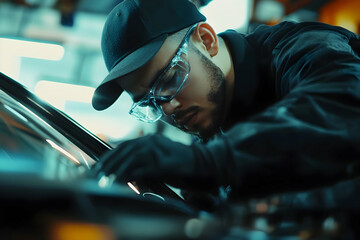 Obraz premium Technician replacing a car windshield with care and precision in an auto service center