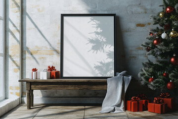 Rustic holiday scene black frame wooden bench Christmas decorations festive greenery cozy ambiance seasonal designs personalized artwork mockup clipart white blank canvas vintage interior ornament