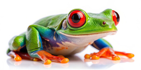 Obraz premium A red-eyed tree frog displaying bright green skin and striking red eyes sits calmly, showcasing its colorful limbs and distinctive patterns in a neutral setting