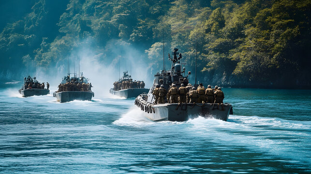 A U.S. Navy amphibious transport dock deploying marines on small boats during an exercise.