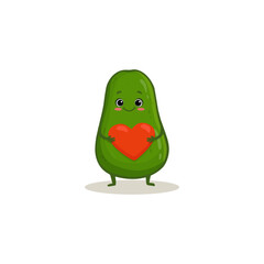 Cute avocado character with red heart. Vegetable illustration. Cartoon avocado in flat style. Food illustration for kids. Vector