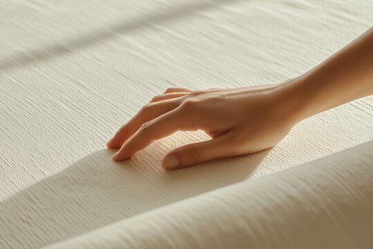 Gentle touch of human hand on textured surface in soft light
