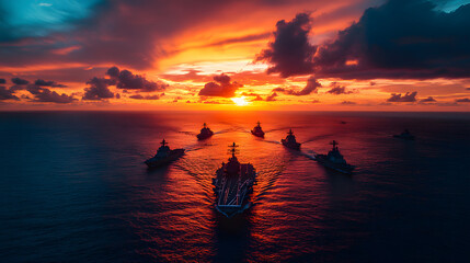 A U.S. Navy carrier strike group advancing in formation under a vibrant sunset.
