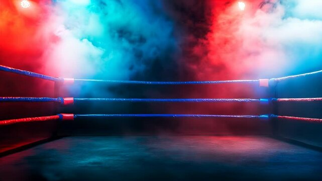 Empty arena, boxing ring in floodlights and smoke. Background for sports competitions, fights