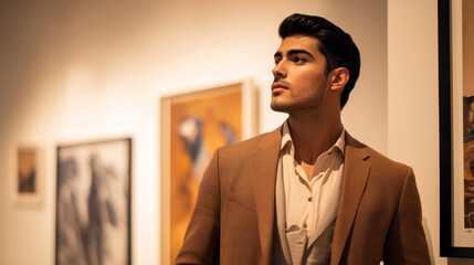 Obraz premium A well-dressed Hispanic man in a Mocha Mousse-colored blazer, standing in an art gallery, admiring a modern painting, soft lighting, sophisticated and artistic atmosphere