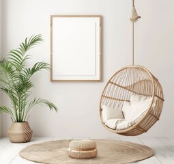 A cozy living room with a hanging rattan chair. a potted palm plant. and a round rug The chair is decorated with white pillows