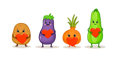 Cute cartoon vegetables on a white. Funny vegetables with heart. Potato, eggplant, onion and zucchini in flat style. 