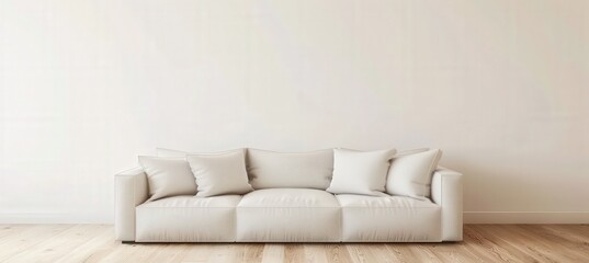 Minimalist living room with white sofa and blank wall