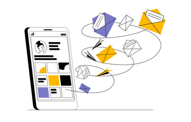 Popular social network account. Tornado of applications and letters to the owner of the social network page. Vector illustration on the topic of promotion in social networks.