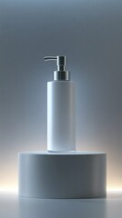 Obraz premium Minimalist white dispenser bottle on platform with soft backlight