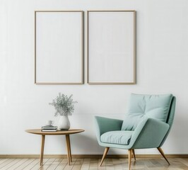 Two empty frames hang above a blue armchair and a wooden table with a vase of dried flowers and a book