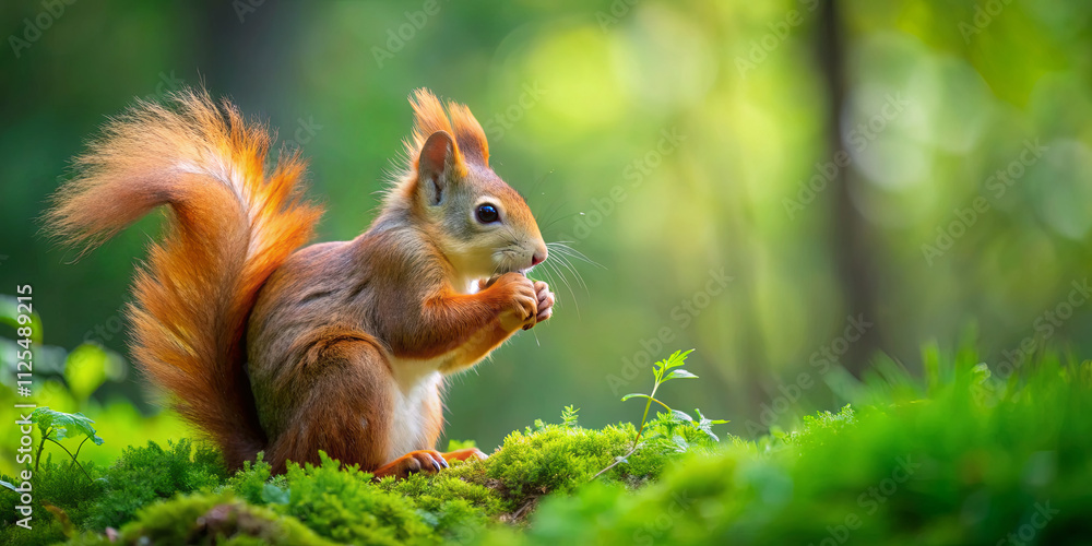 Poster a vibrant squirrel sits on a mossy log, nibbling on a nut in a serene forest environment. sunlight f