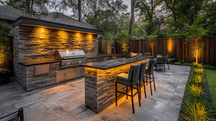 Outdoor kitchen with a stone bar, grill, and seating area. Lots of lighting