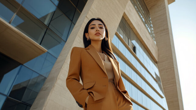 A confident woman of Middle Eastern descent, wearing a Mocha Mousse-colored power suit, standing in front of a grand modern building, exuding leadership and professionalism