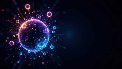 Obraz premium Abstract visualization of a Retrieval Augmented Generation model with colorful particles and energy waves emanating from a central sphere.