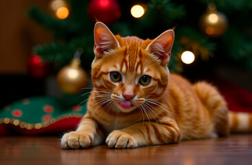 Ginger cat lying on the background of Christmas tree on the right side looking into the frame and licking his lips. Christmas atmosphere.