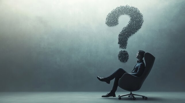 Businessman thinking and wondering about question mark made of people